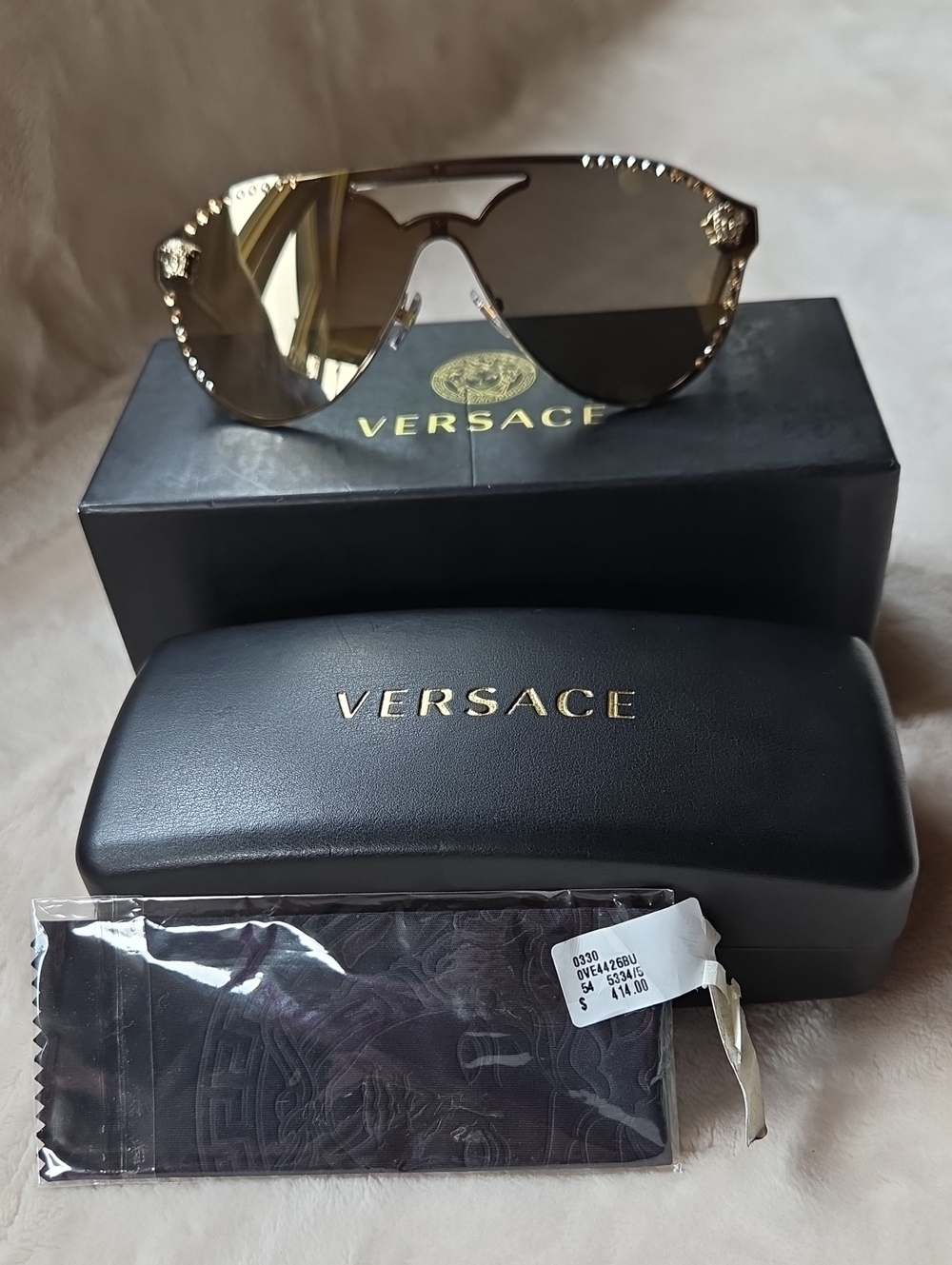 Versace Gold Shield Sunglasses with Brown Gradient Lenses